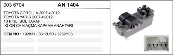 VERTEX CAM KALDIRMA ANAHTARI TOYOTA COROLLA 2007-2012  IKI ürün görseli 1