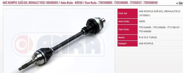 ANKA AKS KOMPLE SAĞ-SOL ( 10100001) RENAULT R12 ürün görseli 1