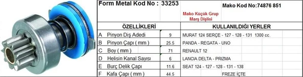 FORM METAL MARŞ DİŞLİSİ 9 DİŞ 6 KANAL MAKO TİPİ TOFAS M124 SERCE M131 REGATA UNO R12 LANCIA DELTA FREZE İÇTE  DS=9 DKÇ=25,5 BOY=71 KS=6 BDÇ=11,6 GÇ=44,5 ürün görseli 1