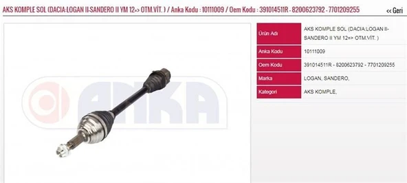 ANKA AKS KOMPLE SOL YM 12=> OTM.VİT. ) DACIA LOGAN II SANDERO II ürün görseli 1
