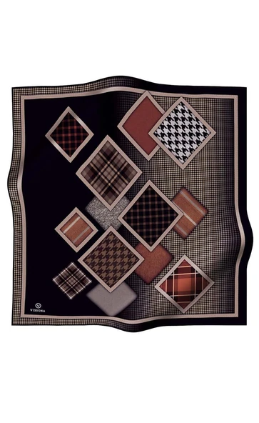 %100 Twill İpek Kazakayaklı Ve Ekose Desenli Siyah - Taba Renkli 90x90 Eşarp Dikim Şekli : El Dikişi ürün görseli 1