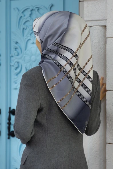 %100 Twill İpek Geometrik Desenli Gri - Bej Renkli Renkli 90x90 Eşarp Dikim Şekli : El Dikişi ürün görseli 1