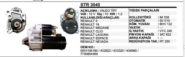 DODO MARŞ MOTORU 10 DİŞ 12V D6R RENAULT R9-19 MEGANE-CLIO LAGUNA ESPACE NEVADA  VALEO TİP ürün görseli 1