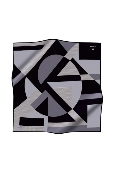%100 Twill İpek Geometrik Çizgi Desenli Siyah - Gri Renkli 90x90 Eşarp Kenar Dikiş Şekli El Dikişli ürün görseli 1