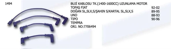 ÜNÜVAR BUJİ KABLOSU 7706494 DKŞ FIAT DKŞ UNO TIPO TEMPRA ŞAHİN S DOĞAN SL SLX KARTAL SL SLX ürün görseli 1
