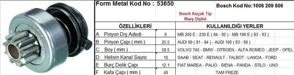 FORM METAL MARŞ DİŞLİSİ 9 DİŞ 10 KANAL BOSCH TİPİ MERCEDES 200 230 AUDI 80 100 VOLVO 740 BMW CITROEN TAM FREZE  DS=9 DKÇ=25,8 BOY=58,5 KS=10 BDÇ=12 GÇ=48 ürün görseli 1
