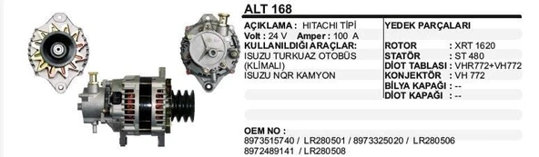 REMARK  ALTERNATÖR 24V 100 A ISUZU TURKUAZ OTOBÜS KLİMALI NQR KAMYON HITACHI TİP ürün görseli 1