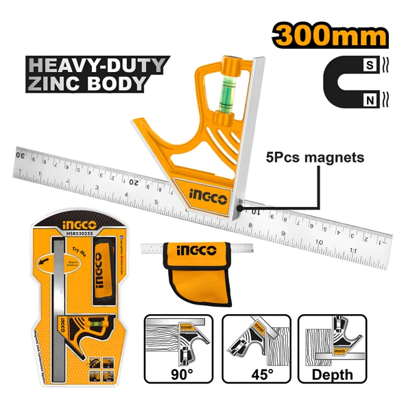 Ingco HSR530255 300mm Manyetik Kilit Kombinasyonlu Çelik Gönye/Cetvel ürün görseli 1