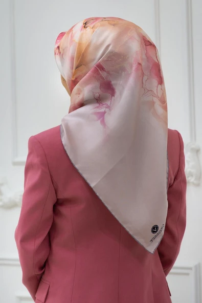 %100 Twill İpek Duman Desenli Vizon - Taba Renkli Renkli 90x90 Eşarp Dikim Şekli : El Dikişi ürün görseli 1