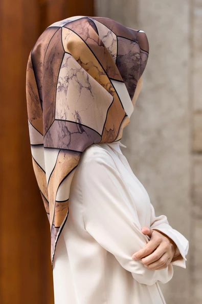 %100 Twill İpek Mermer Desenli Hardal - Bej Renkli 90x90 Eşarp Dikim Şekli : El Dikişi ürün görseli 1