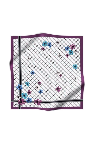 %100 Twill İpek Çıtır Çiçek Desenli Mor - Krem Renkli 90x90 Eşarp Dikim Şekli : El Dikişi ürün görseli 1