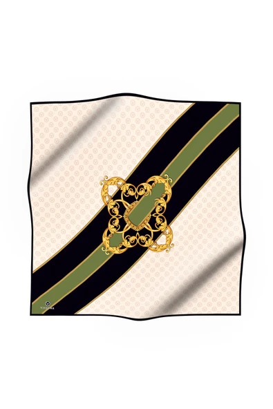 %100 Twill İpek Monogram Ve Barok Desenli Siyah - Haki Renkli 90x90 Eşarp Dikim Şekli : El Dikişi ürün görseli 1