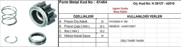 FORM METAL DİŞLİ TAMIR TAKIMI 10 DİŞ 1 9 KANAL JAPON TİPİ HYUNDAI H100 MINIBUS KAMYONET MITSUBISHI TYP DS=10 DKÇ=32,5 BOY=18,2 KS=19 ürün görseli 1