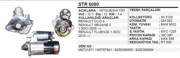 MARS MOTORU STR6080 RENAULT CLIO II MEGANE II 1,5 DCI 12V 12 DIS 1,4 KW ürün görseli 1