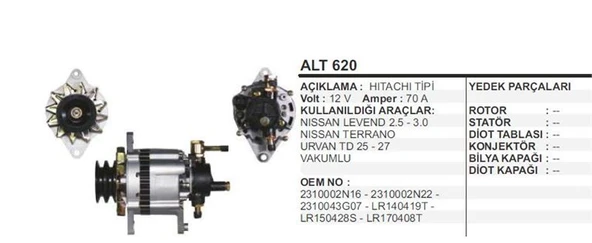 DODO ALTERNATÖR 12V 70 A.NISSAN LEVEND 2.5-3000 BMC VAKUMLU HITACHI TİPİ ürün görseli 1