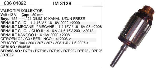 REMARK KOLLEKTÖR  VALEO RENAULT MEGANE/CLIO/R19 98> IM545 UZUN ürün görseli 1
