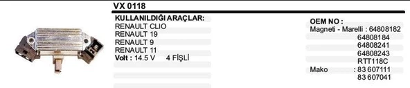 VERTEX KONJEKTÖR RENAULT R9/CLIO/19 KÖMÜRLÜ 4 FİŞLİ ürün görseli 1