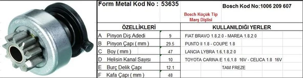 FORM METAL MARŞ DİŞLİSİ 9 DİŞ 10 KANAL BOSCH TİPİ FIAT BRAVO MAREA PUNTO TOYOTA CARINA CELICA TAM FREZE  DS=9 DKÇ=29,6 BOY=49 KS=10 BDÇ=12,1 GÇ=48 ürün görseli 1
