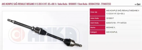 ANKA ON AKS KOMPLE SAĞ MEGANE II 1,5 DCI M-T 6 VİTES 02-09 (DIS FREZE:25-IC FREZE:26-UZUNLUK:905) ürün görseli 1