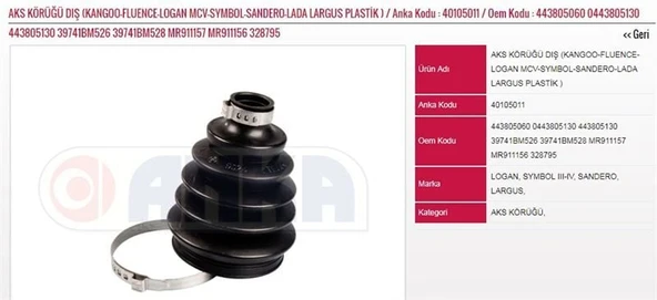 ANKA AKS KÖRÜĞÜ DIŞ PLASTİK RENAULT FLUENCE KANGOO DACIA LOGAN MCV SANDERO LARGUS ürün görseli 1