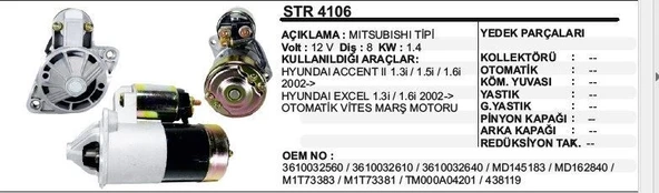DODO MARŞ MOTORU 8DİŞ 12V HYUNDAI ACCENT/ELANTRA OTOM.VİTES  MITSUBISHI TİP ürün görseli 1