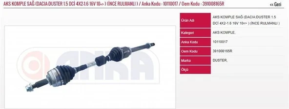 ANKA AKS KOMPLE SAĞ 1.5 DCİ 4×2-1.6 16V 2010-2024 (İNCE RULMANLI )  YENİ DACIA DUSTER ürün görseli 1