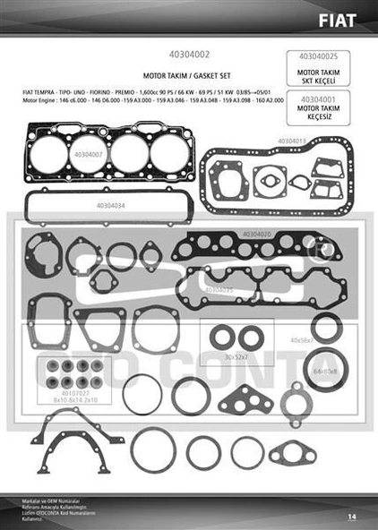 OTOCONTA MOTOR TAKIM CONTASI FULL (CONTA KECELI SUBAP LASTIKLI SKC STANDART 1.80MM) FIAT TEMPRA SLX 1.6 159 A3.000- A3.048-159 A3.048 ürün görseli 1