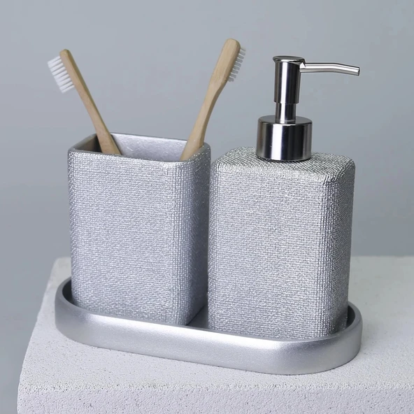 By Selim Linen Gümüş 5 Parça Polyester Banyo Seti - Resim 2