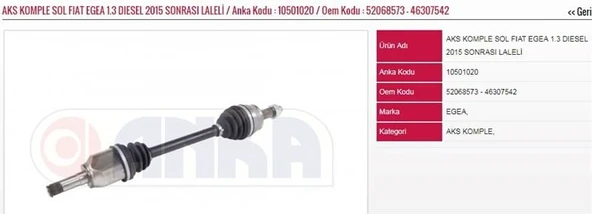 ANKA AKS KOMPLE SOL LALELİ 1.3 MJT 2015-2019 FIAT EGEA 2015 ürün görseli 1