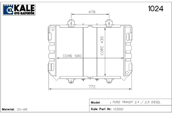 KALE BAKIR RADYATÖR FORD TRANSIT 2.5 DIESEL 2 SIRA PA SİSTEM ürün görseli 1