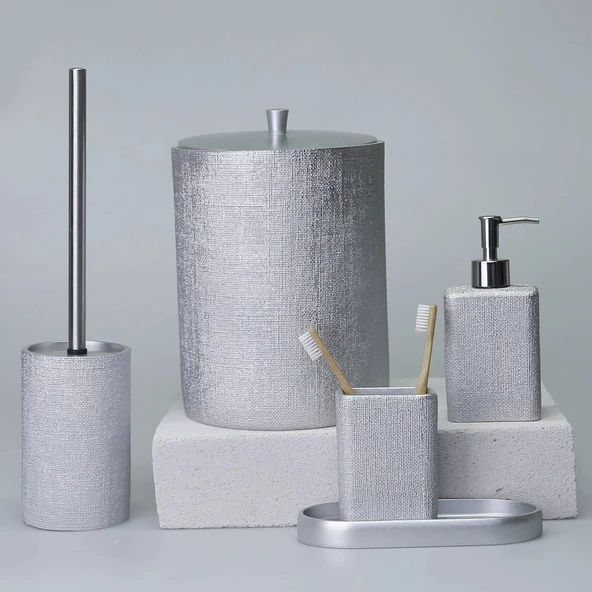 By Selim Linen Gümüş 5 Parça Polyester Banyo Seti ürün görseli 1