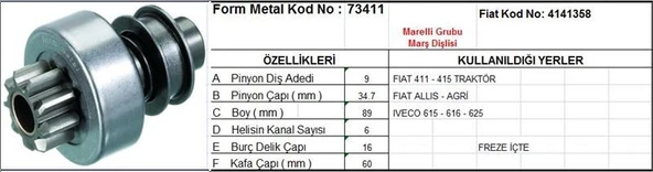 FORM METAL MARŞ DİŞLİSİ 9 DİŞ 6 KANAL MARELLI TİPİ FIAT 411 415 ALLIS IVECO TRAKTOR FREZE ICTE ürün görseli 1