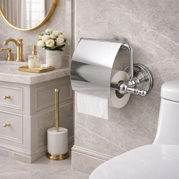 Lüx Kapaklı Kağıtlık Krom Kaplama Duvar Tipi Banyo Tuvalet Aksesuarı Dayanıklı Metal Modern Tasarım ürün görseli 1