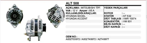 DODO ALTERNATÖR 12V 85A HYUNDAI EXCEL / ACCENT MITSUBISHI TİP ürün görseli 1