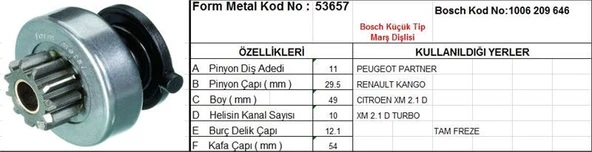 FORM METAL MARŞ DİŞLİSİ 11 DİŞ 10 KANAL BOSCH TİPİ PEUGEOT PARTNER RENAULT KANGO CITROEN XM TAM FREZE  DS=11 DKÇ=29,5 BOY=49 KS=10 BDÇ=12 GÇ=54,5 ürün görseli 1