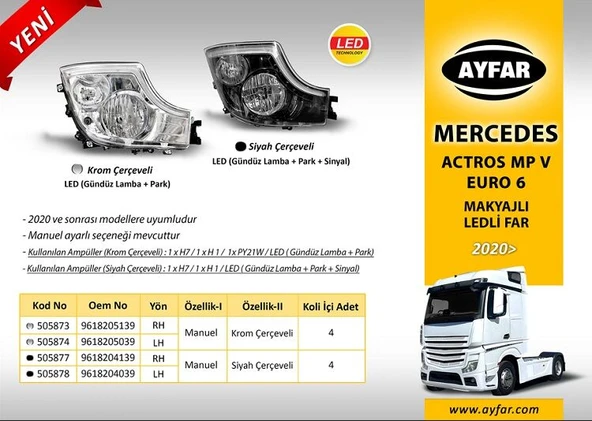 AYFAR MERCEDES ACTROS MP IV - EURO 6 FAR SİYAH ÇERÇEVELİ SAĞ MANUEL - LED DRL ürün görseli 1