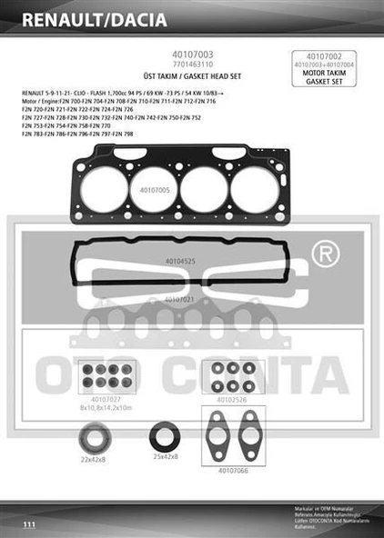 OTOCONTA MOTOR TAKIM CONTASI FULL (SKCLI STANDART KEÇELI SUBAP LASTIKLI) RENAULT R11 R21 1.7 F1N720 F1N720-F2N700-710-722 ürün görseli 1