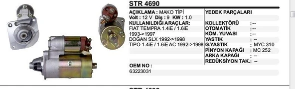 DODO MARŞ MOTORU 12V 9DİŞ FIAT TIPO/TEMPRA/DOĞAN SLX DKŞ 223031 MAKO TİP STR 3101 ürün görseli 1