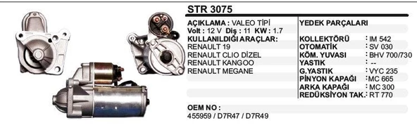 DODO MARŞ MOTORU 11 DİŞ 12V D7R RENAULT R19 / CLIO / KANGOO / MEGANE DİZEL  VALEO TİP ürün görseli 1