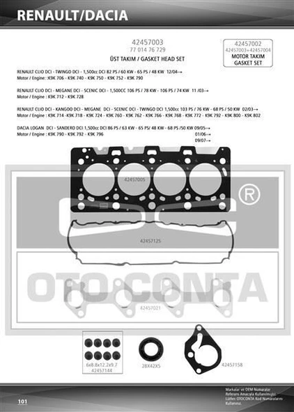 OTOCONTA UST TAKIM CONTA  (SKT KECELI) MOTOR TAKIM CONTASI  ÜST (SKT KECELI) RENAULT MEGANE CLIO LOGAN SANDER K9K 706 -790-750-752-790 ürün görseli 1