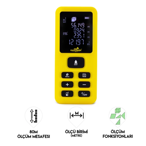DAWREEK MESAFE ÖLÇER E40 YELLOW 80 Metre Dijital El Tipi Mesafe Ölçüm Cihazı ürün görseli 1