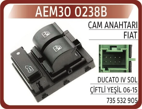 AEM CAM KALDIRMA ANAHTARI SOL ÇİFTLİ YEŞİL PEUGEOT BOXER/ FIAT DUCATO III 2015 SONRASI ürün görseli 1