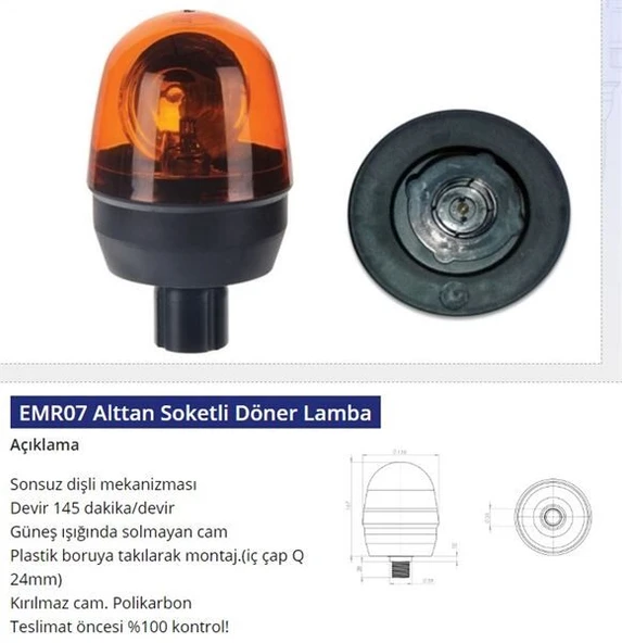 EMİR 12V DÖNER LAMBA ALTTAN BORULU SOKETLİ ürün görseli 1
