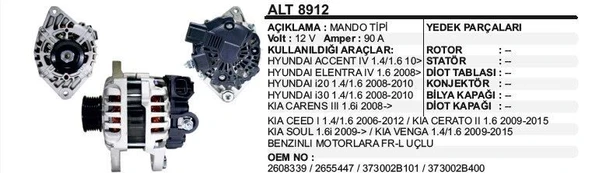 REMARK ALTERNATÖR MANDO 12V.90A HYUNDAI I20/I30/ACCENT IV 1,4 2011> ürün görseli 1