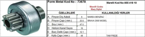FORM METAL MARŞ DİŞLİSİ 9 DİŞ 10 KANAL MARELLI TİPİ FIAT MAREA BENZINLI BRAVA 00 TAM FREZE  DS=9 DKÇ=25,6 BOY=47,7 KS=10 BDÇ=12 GÇ=48,3 ürün görseli 1