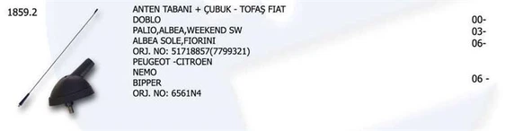 ÜNÜVAR ANTEN FIAT DOBLO PALIO ALBEA SOLE FIORINO PEUGEOT BIPPER CITROEN NEMO ÇUBUĞU+ANTEN ürün görseli 1
