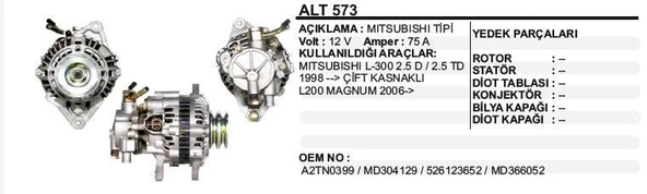 DODO ALTERNATÖR 12V 75A MITSUBISHI L300 D-TD H100 98-> ÇİFT KASNAK VAKUMLU MITSUBISHI TİP ALT 575 ürün görseli 1