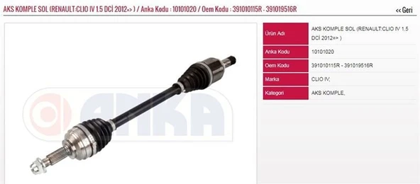 ANKA ON AKS KOMPLE SOL CLIO IV 1,5DCI (DIS FREZE:23-IC FREZE:26-UZUNLUK:662MM) ürün görseli 1