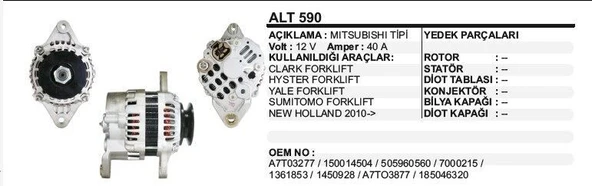 DODO ALTERNATÖR 12V 40A CLARK / YALE / HYSTER FORKLIFT MITSUBISHI TİP ürün görseli 1
