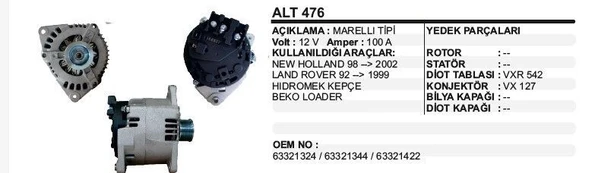 REMARK ALTERNATÖR 12V 100A NEW HOLLAND 98-02 LAND ROVER 92-99 MARELLİ/MAKO TİPİ ürün görseli 1